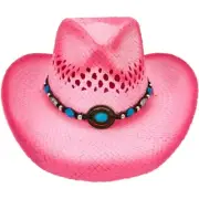 PINK Tea Stain Paper Straw COWBOY HAT w/ Turquoise Beads WESTERN cowgirl