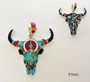 REVERSIBLE GENUINE TURQUOISE CELESTIAL OPAL INLAY .925 SILVER BUFFALO PENDANT
