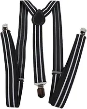 [Zasel] Mens Adjustable Black And 2 White Stripes Patterned Suspenders Blue, White, Black