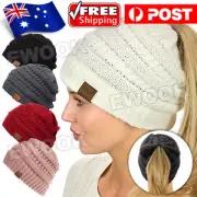 Women Tail Messy Soft Beanie Bun Hat Ponytail Stretchy Knitted Crochet Skull OZ