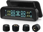 Spurtar TPMS Tyre Pressure Monitoring System, Solar Power Wireless TPMS Car Tire Pressure Monitoring System with Temperature and Pressure LCD Display Auto Alarm Real-Time Monitoring
