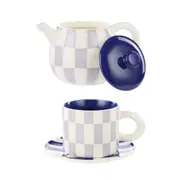 Emporium Check 700ml Teapot and Mug & Plate Set Lilac/Navy