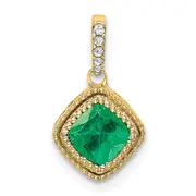 14K Yellow Gold Cushion Emerald and Real Diamond Pendant