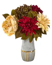 Nearly Natural 17in Peony, Hydrangea And Dahlia Artificial Arrangement In Stoneware Vase With Gold Trimming