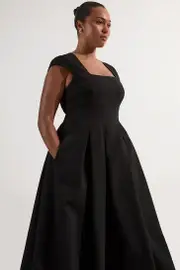 Plus Size Clean Tailored Square Neck Full Skirted Midi Dress