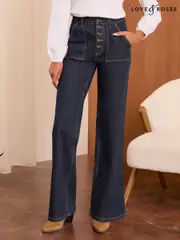Love & Roses Dark Indigo Petite Wide Leg Button Fly jeans (B28312) | $92