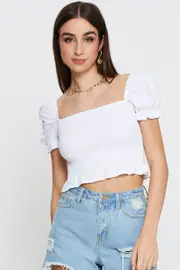 White Crop Top Short Sleeve Square Neck Shirred Waist - Size 14, Women's Bardot
