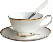 YBK Tech Bone China Cup and Saucer Set, Ceramic Teacup with Gold Edges for Morning Coffee Afternoon Tea- Embossed Flower Patterns