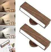 Battery Operated Led Wall Sconces, 2 Pack Wireless Wall Lights with Remote for Bedroom, 3 Color Temperature 360°Rotatable Rechargeable Magnetic Wood Wall Lamp for Living Room Bedside (Black Walnut)