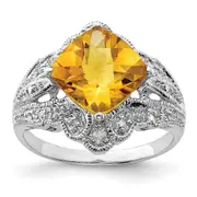 Sterling Silver Rhodium Cushion Checker-Cut Citrine u0026 Diamond Ring