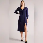 Ted Baker Faithiy asymmetrical ruffle midi dress in navy w-slip. Size 2. NWT