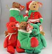 (5) TY 2003 Beanie Baby Christmas Red Green Bears JOY-PEACE-KRINGLE-STOCKINGS