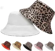 [LUKIUP] Reversible Leopard Print Fishing Hat Women Men Summer Sun Hat Foldable Bucket Hat Fishing Hat with Sun Protection for Summer, Holiday, Hiking, Beach, Shopping (White + Grey)