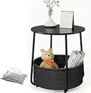 Round Side Table, End Tables for Living Room, Small White Bedside Stand for Bedroom/Nursery, with Cloth Storage Basket (Black)