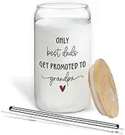 BEHIFL Get Promoted to Grandpa Glass Cup with Lids and Straws 14oz, Grandpa to Be Gifts, Pregnancy Announcement for Grandfather Glass Coffee Tumbler Drinking Jars with Cleaning Brush