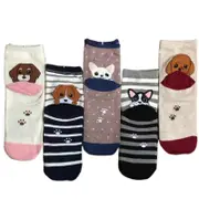 5 Pairs Women's Cute Animal Socks, Dog & Cat Cartoon Cotton Crew Socks, Fun & Novelty Gifts for Girls, Casual & Comfortable Striped Dog 04