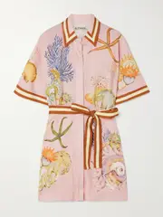 [ALÉMAIS] ALÉMAIS - + Sam Pauletto Nereids Belted Printed Linen-gauze Mini Shirt Dress - Pink - US6 US 6 Pink