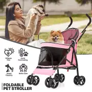 Pink Foldable Dog Stroller Adjustable Canopy Breathable Pet Travel Carrier Cart
