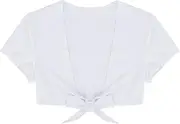 [TiaoBug] Women's Sexy Short Sleeve Deep V Neck Open Front Tie Up Crop Tops Shrug Shirts White 2X-Large