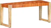 'vidaXL Wooden Bench with Real Leather Seat - Vintage Brown Bench for Dining Room, Living Room, and Kitchen