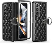 [JOJOBE] Prismatic plaid style phone case for Samsung Galaxy Z Fold 5 5G Case , PU Leather Cover for Samsung Galaxy Z Fold5 leather Case vogue Screen Protector case for Galaxy Z Fold 5 with Tempered Glass Outer Protection Full Protective Black