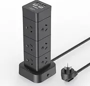 Power Board Surge Protected, Tower Power Strip with 12 AC Outlets 4 USB Ports(2 USB C), Charging Station with 1.5M Extension Cord, 350J, SAA Certified, Black