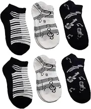 [XWI] Women's Girls Ankle Low Cut Socks 6 Pair - Black White Music Notes, Piano Keys, Instruments, Emojis