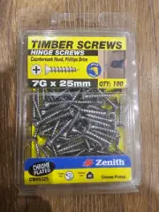 Zenith 7G x 25mm Chrome Plated Countersunk Head Hinge Timber Screws - 100 Pack