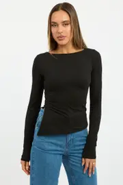 Black Top Long Sleeve Boat Neck Side Split - Size 12M, Women's T-shirt