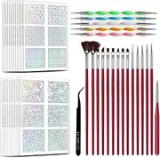 Labymos Nail Brushes Set with Nail Stickers Nail Dotting Pens Pick Up Tweezers Nail Art DIY Nail Tool Kit for Beginners