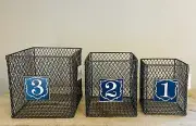 New Rustic Farmhouse SET 3 METAL WIRE BASKET NAVY BLUE NUMBER Crates Bins