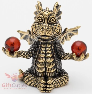 Brass figurine of meditating Yoga dragon with amber balls spheres IronWork