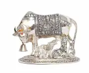 Kamdhenu Cow & Calf Metal Statue with Bal Gopal Krishna (Silver, 19x13.5x17cm)