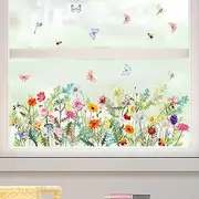Spring Summer Window Cling Sticker, Watercolor Wild Flowers Butterfly Floral for Home Party Supplies Shop Window Glass Display Decoration