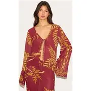 Brown Sheer Floral Long Sleeve Tie Front Top, Brown
