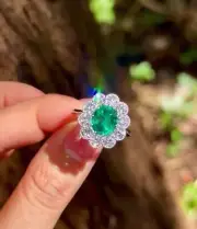 Colombian 2.31 Ct Oval Cut Natural Emerald Diamond Ring 14K solid White gold