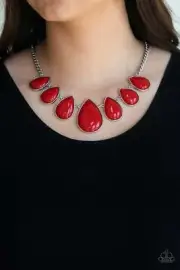 PAPARAZZI DROP ZONE - RED TEARDROP BEAD SILVER NECKLACE
