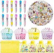 CY2SIDE Bubble Tea Stationery Party Gift - 12 Pack Boba Milk Tea Prizes Set Include 4-in-1 Ballpoint Pens Sticky Note Sticker and Organza, Birthday Party Favor Goodie Bag Fillers for School Rewards