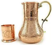 DEDE Copper - KBS Series - 45oz Pitcher & 7.7oz Cup, Handmade Engraved and Hammered Pure Solid Copper, Moscow Mule Cocktail Jug, Desktop/Bedside Night Water Carafe & Tumbler, Ayurvedic