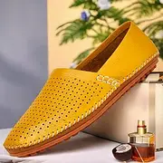 Men's Yellow Perforated Leather Slip-On Loafers with Hand-Stitched Detailing - Casual Breathable Driving Shoes for Summer
