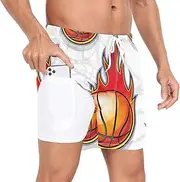 [GuoChe] Mens Swim Shorts Men's Lined Workout Shorts Burning Basketball Flames Purple White with Compression Liner and Pockets, Burning Basketball Flames Purple White, Large