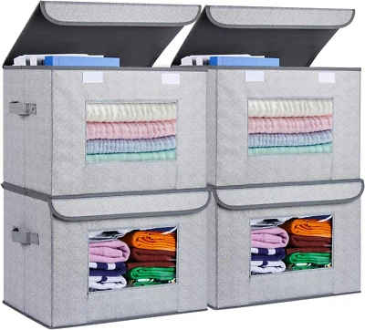 4-Pack Fabric Foldable Storage Boxes - Large Collapsible with Lids (Gray)