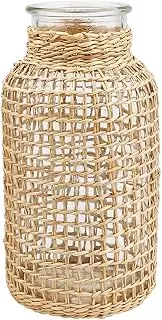 DOERDO Glass Flower Vase with Rattan Cover Boho Glass Vase Vintage Floral Container Decorative, for Table Centerpiece Decor, 6.5xx3.1Inch