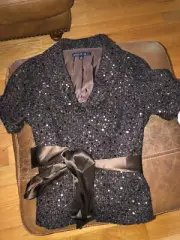 Lafayette 148 Short Sleeve Brown Blazer Waist Bow Sequins Shimmer Jacket 6 NWT