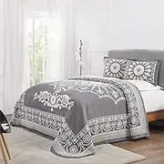 SUPERIOR Cotton-Polyester Blend Jacquard Weave Medallion Textured 2-Piece Bedspread Set, Twin, Charcoal