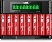EBL 8 Pack Rechargeable 1.5V AA Li-ion Batteries with 8 Slots LED Smart Lithium Rechargeable Battery Charger (Old Version)