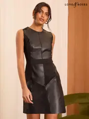 Love & Roses Black Faux Leather and Suedette Patch Mini Crew Neck Dress (AD8088) | $118