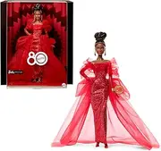 Barbie Signature Doll, Mattel 80th Anniversary Collectible in Glittery Red Tulle Gown with Drop Earrings and Sheer Gloves, Brunette