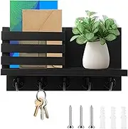 Fizocosisto Wood Key Holder,High Load Bearing Capacity Wall Mail Organizer with 5 Hook,Easy to Access Storage Shelf Space Saving for Home(Black)