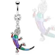 Belly Button Ring Multi Colored Epoxy Lizard Gems Dangle Navel Ring